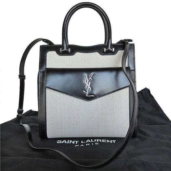 Auth SAINT LAURENT Uptown Small Handbag Shoulder Bag Black/Off White - Picture 1 of 12